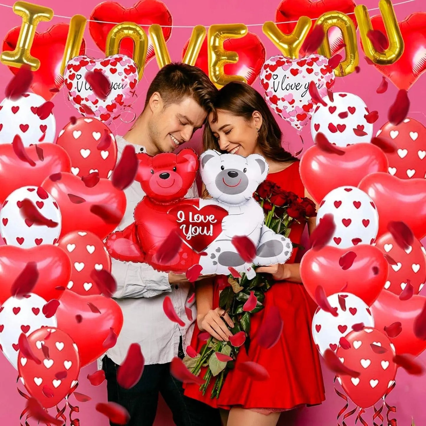 I Love You Balloons with Couple Teddy Balloon Kit, Heart Balloons Kit with 1000 Red Rose Petals Wedding Flower Decoration, Valentine Decorations Party Supplies Kit Cool Brand Designs