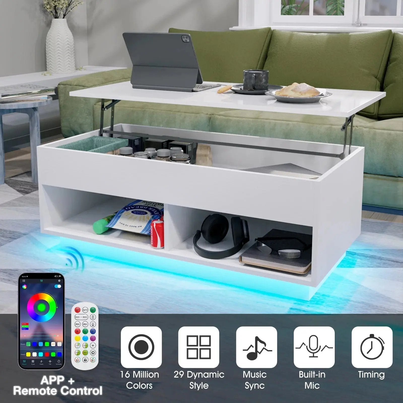 LED Lift Top Coffee Table with Hidden Compartment High Gloss White Coffee Tables Center Rising Cocktail Table for Living Room Accent Furniture Cool Brand Designs