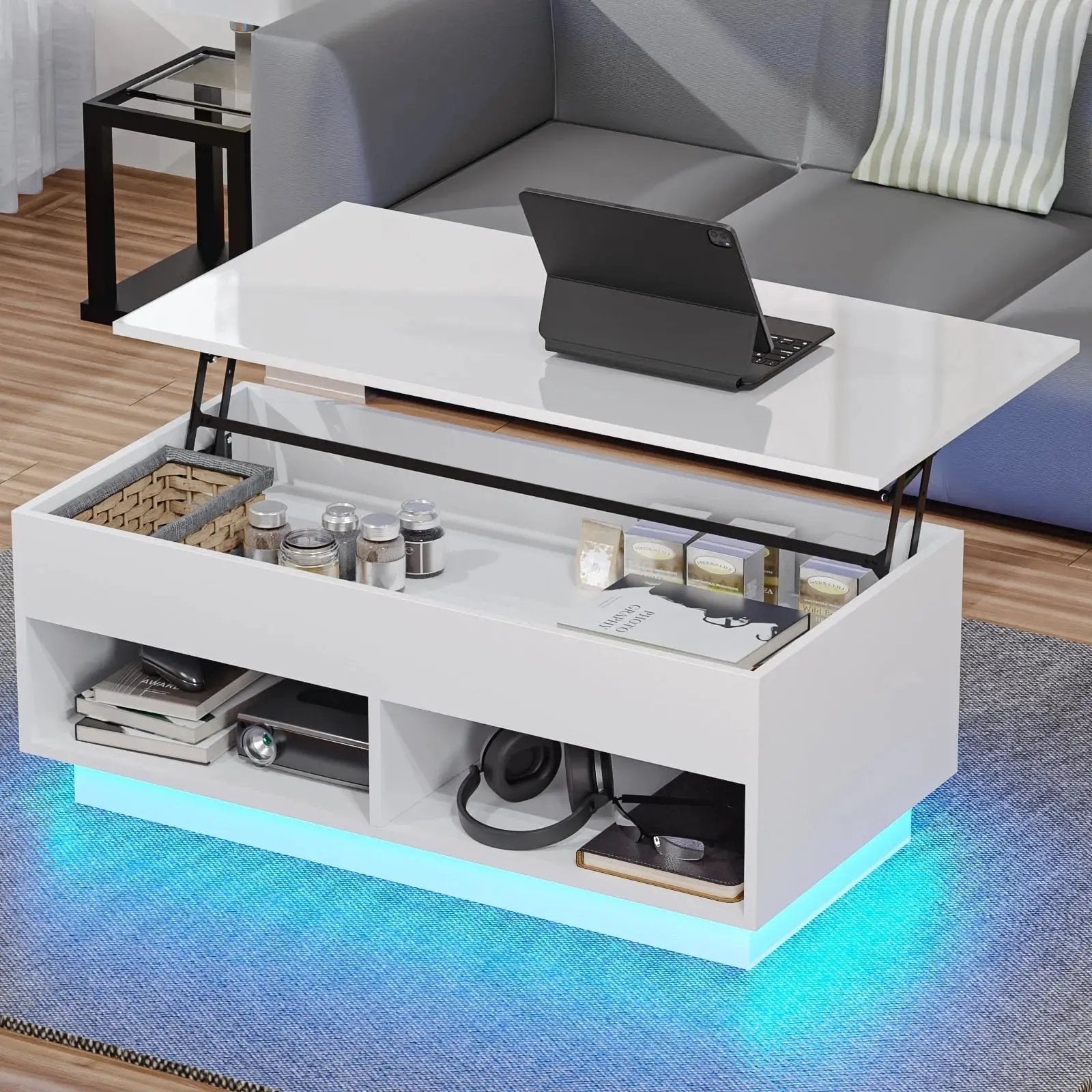 LED Lift Top Coffee Table with Hidden Compartment High Gloss White Coffee Tables Center Rising Cocktail Table for Living Room Accent Furniture Cool Brand Designs