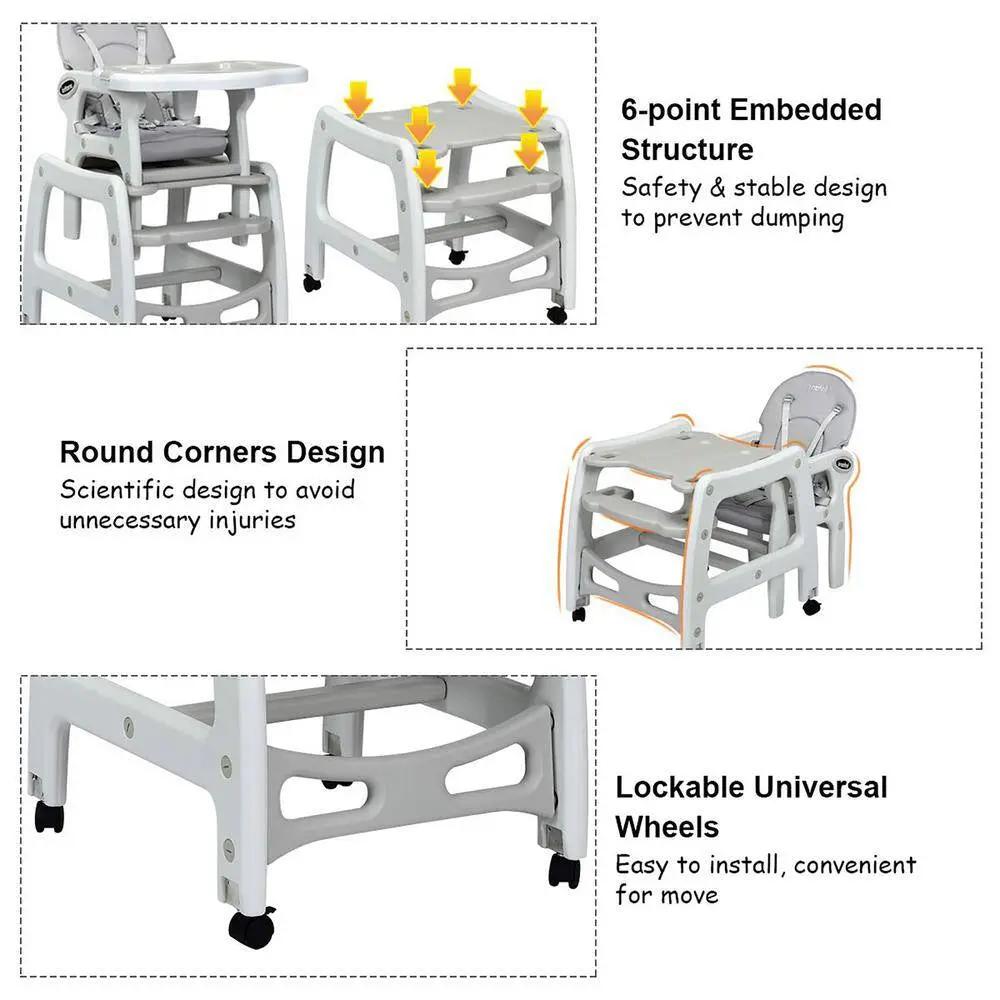 3 in 1 Grey Plastic Baby High Chair W/Adjustable Seat Back and Removable Trays Cool Brand Designs