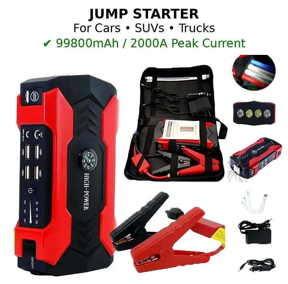99800Mah Car Jump Starter, Peak Car Battery Charger, 12V Jump Box Jumper Battery Pack, Portable Charger, Emergency LED Light, Escape Safty Hammer, Compass Cool Brand Designs