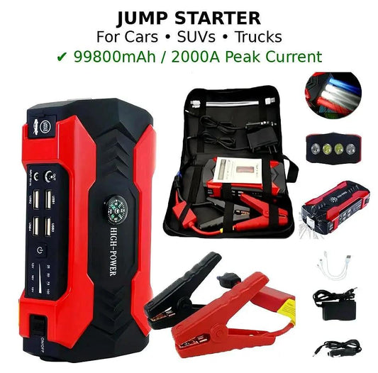 99800Mah Car Jump Starter, Peak Car Battery Charger, 12V Jump Box Jumper Battery Pack, Portable Charger, Emergency LED Light, Escape Safty Hammer, Compass Cool Brand Designs