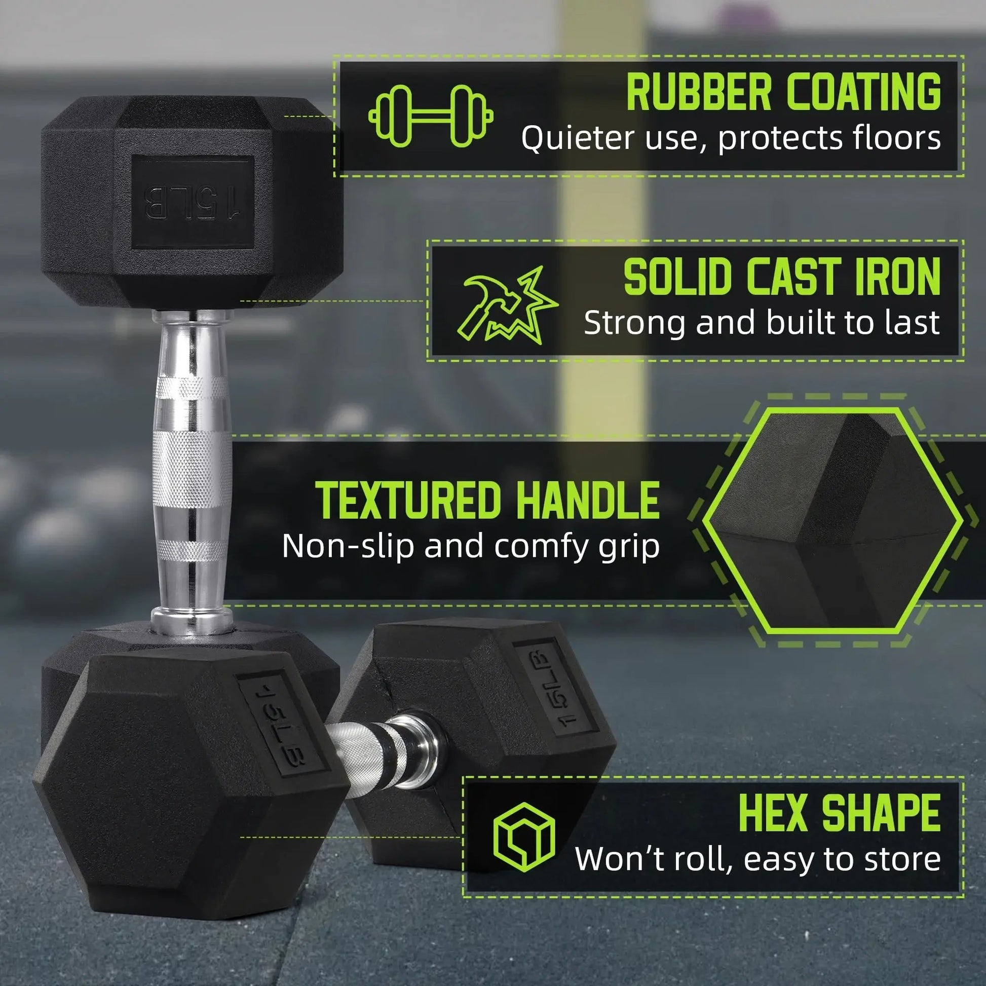Rubber Encased Hex Dumbbell, Black, 15 Lb Cool Brand Designs
