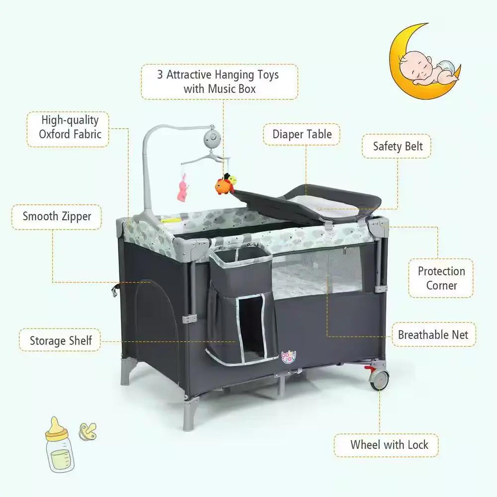 5-In-1 Gray Portable Baby beside Sleeper Bassinet Crib Playard with Diaper Change Cool Brand Designs