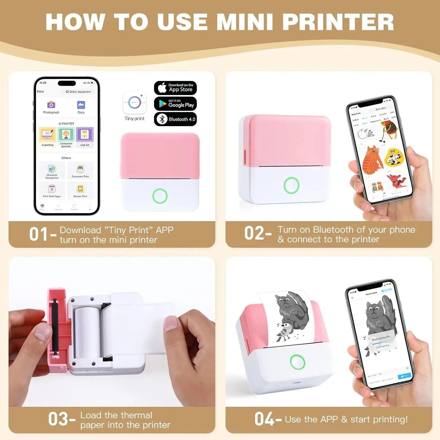 SLOK Thermal Mini Printer, Portable Inkless Bluetooth Sticker Maker with 10 Rolls Paper, Pink Cool Brand Designs