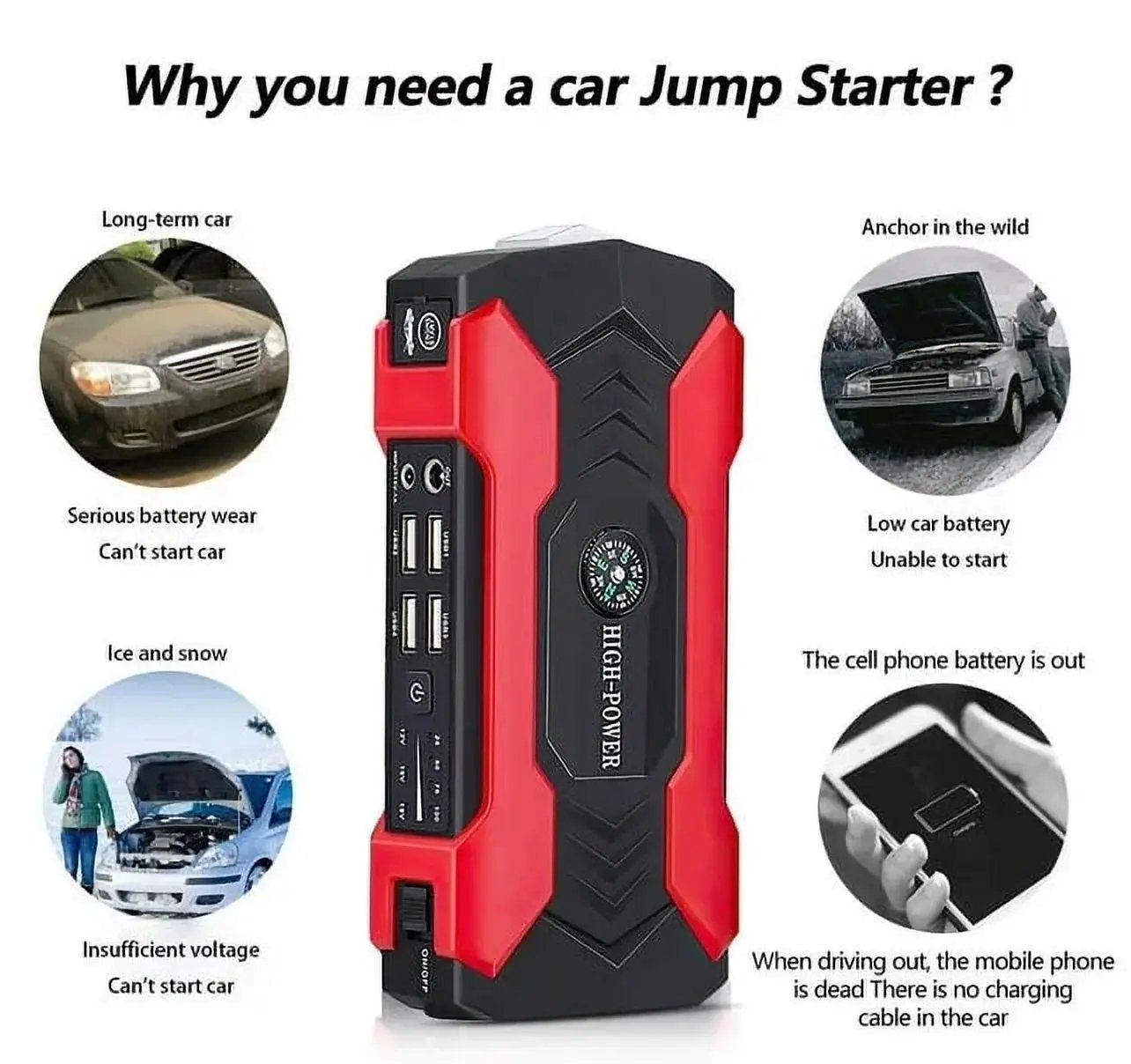 99800Mah Car Jump Starter, Peak Car Battery Charger, 12V Jump Box Jumper Battery Pack, Portable Charger, Emergency LED Light, Escape Safty Hammer, Compass Cool Brand Designs
