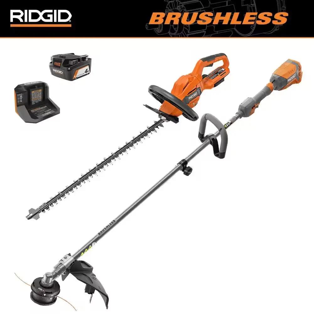18V Brushless 14 In. Cordless String Trimmer and Brushless Cordless Hedge Trimmer with 4.0 Ah Battery and Charger Cool Brand Designs