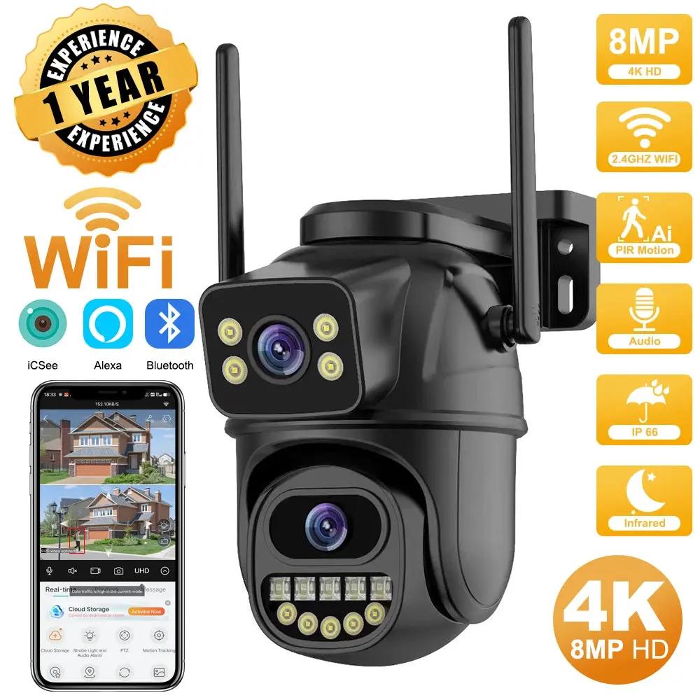 4K 8MP HD Wifi PTZ Camera Outdoor 4MP Dual Lens Dual Screen AI Auto Tracking IP Camera CCTV Audio Video Surveillance P2P Icsee Cool Brand Designs