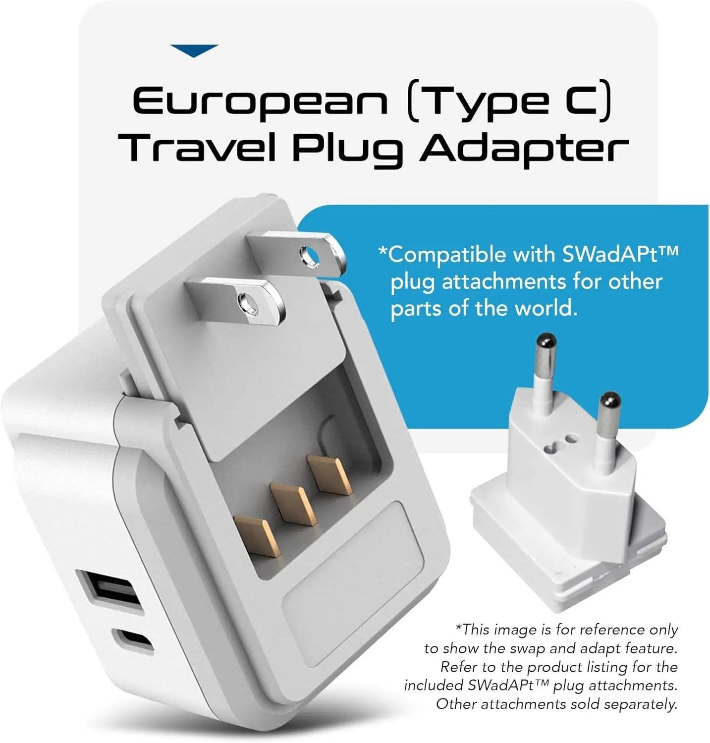 Europe Plug Adapter, 20W PD & QC, Safe Dual USB & USB-C 3.1A - 2 USA Outlet - Compact & Powerful - Use Euro, Greece, Italy, Switzerland, Turkey, Portugal - Includes Type C Swadapt Attachment Cool Brand Designs
