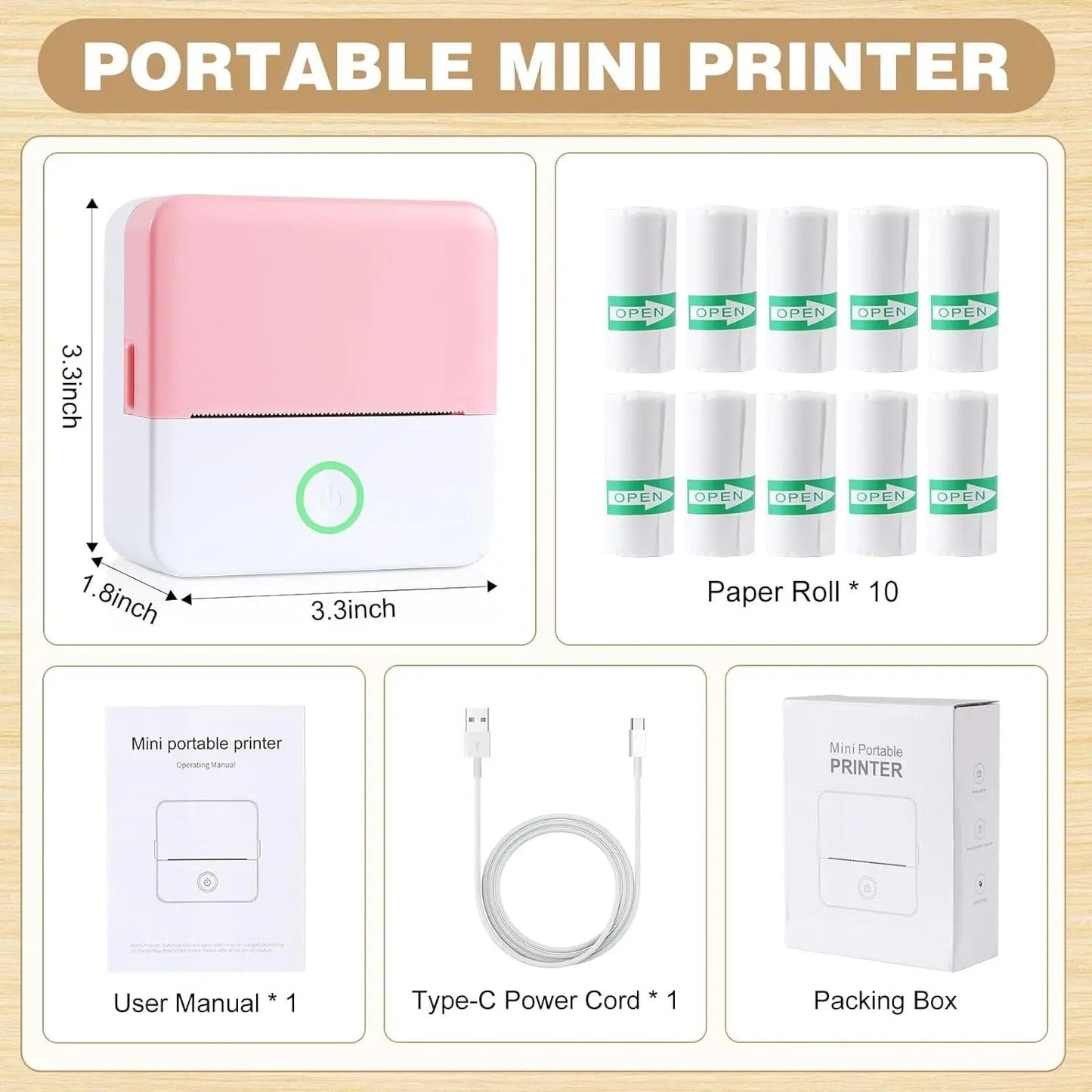SLOK Thermal Mini Printer, Portable Inkless Bluetooth Sticker Maker with 10 Rolls Paper, Pink Cool Brand Designs