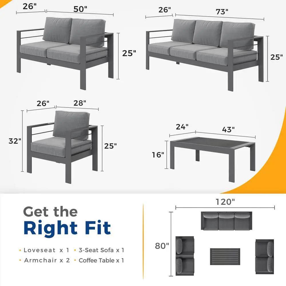 Grey 5-Piece Aluminum Patio Conversation Set with Dark Grey Cushions Cool Brand Designs