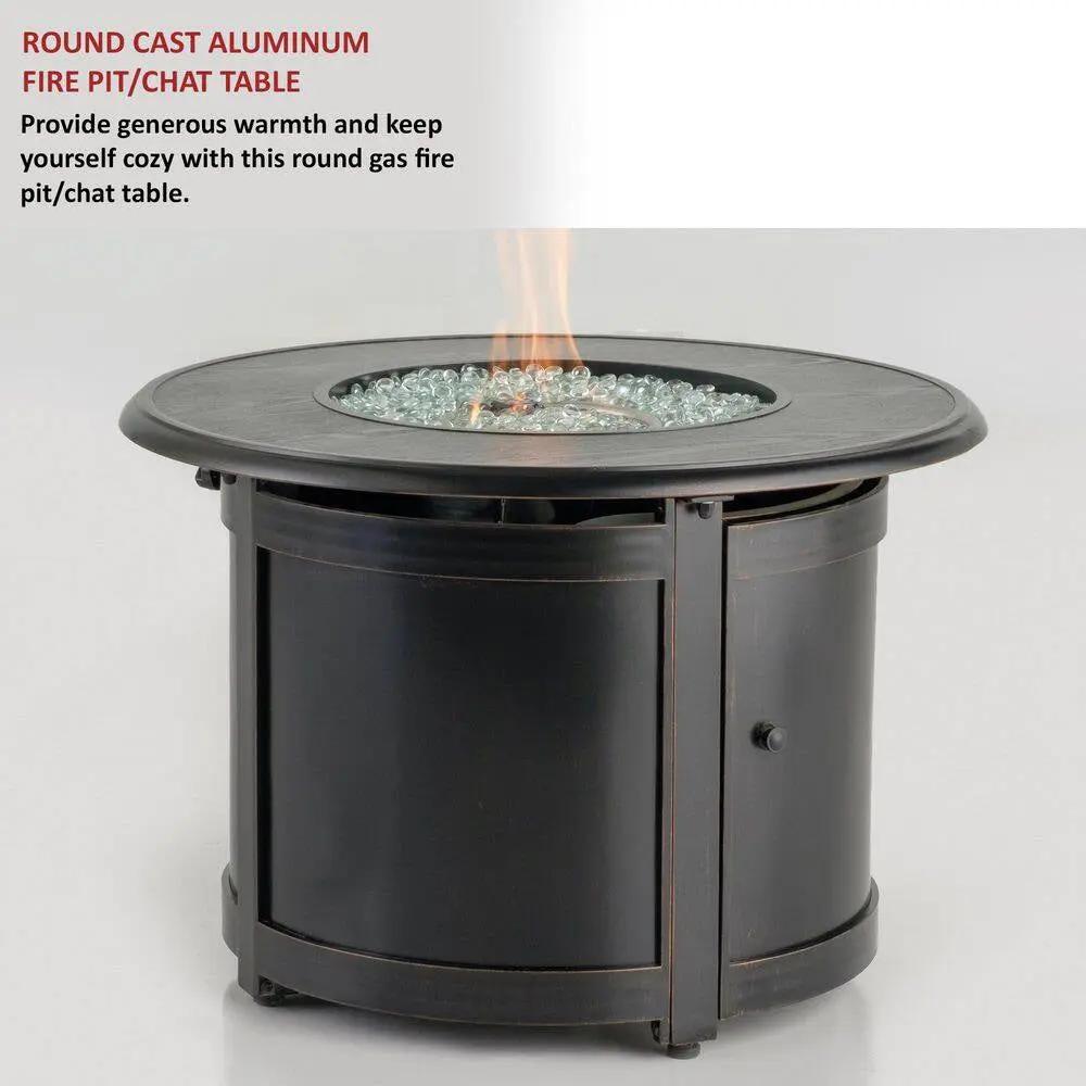 Manchester 36 In. X 25 In. round Aluminum Match Lit Propane Gas Fire Pit Chat Table with Glacier Ice Firebeads Cool Brand Designs