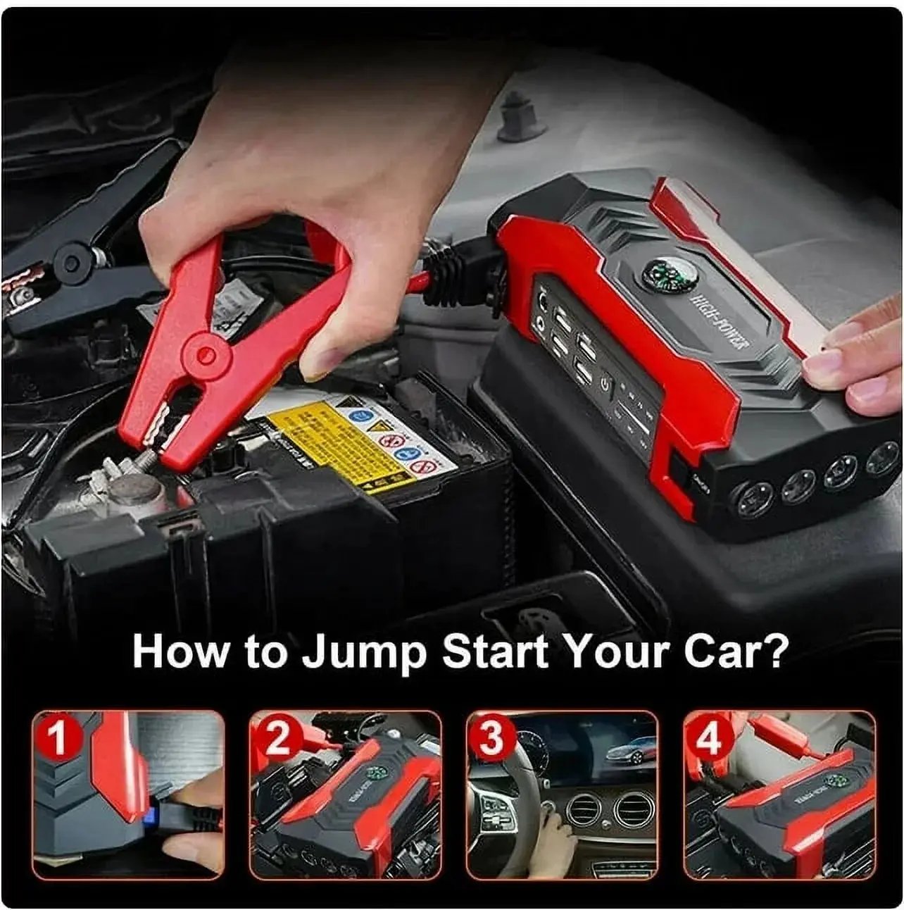 99800Mah Car Jump Starter, Peak Car Battery Charger, 12V Jump Box Jumper Battery Pack, Portable Charger, Emergency LED Light, Escape Safty Hammer, Compass Cool Brand Designs
