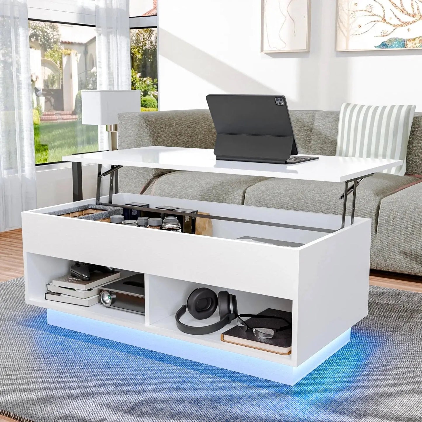 LED Lift Top Coffee Table with Hidden Compartment High Gloss White Coffee Tables Center Rising Cocktail Table for Living Room Accent Furniture Cool Brand Designs
