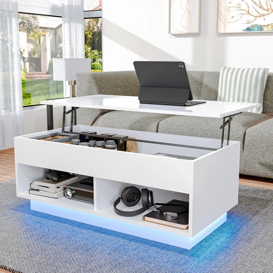 LED Lift Top Coffee Table with Hidden Compartment High Gloss White Coffee Tables Center Rising Cocktail Table for Living Room Accent Furniture Cool Brand Designs