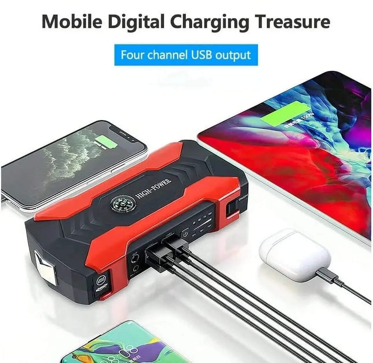 99800Mah Car Jump Starter, Peak Car Battery Charger, 12V Jump Box Jumper Battery Pack, Portable Charger, Emergency LED Light, Escape Safty Hammer, Compass Cool Brand Designs