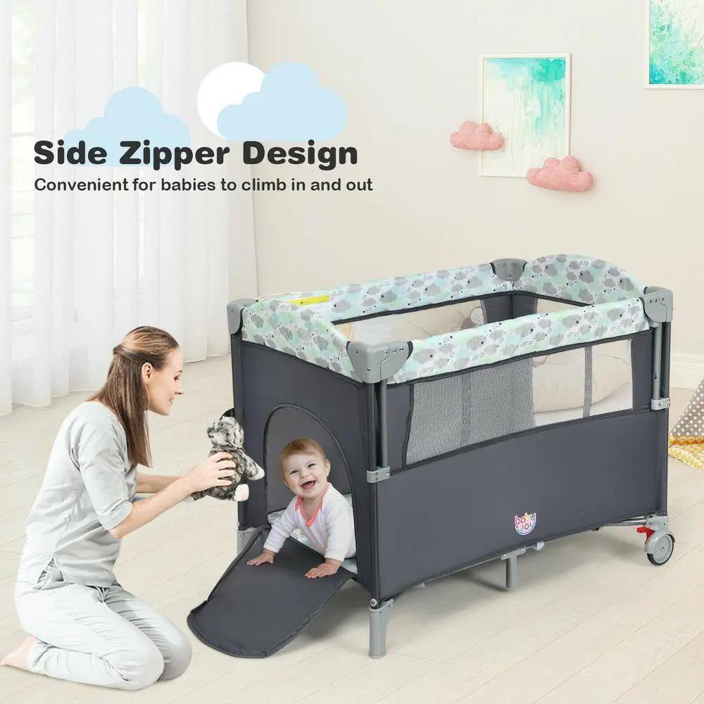 5-In-1 Gray Portable Baby beside Sleeper Bassinet Crib Playard with Diaper Change Cool Brand Designs