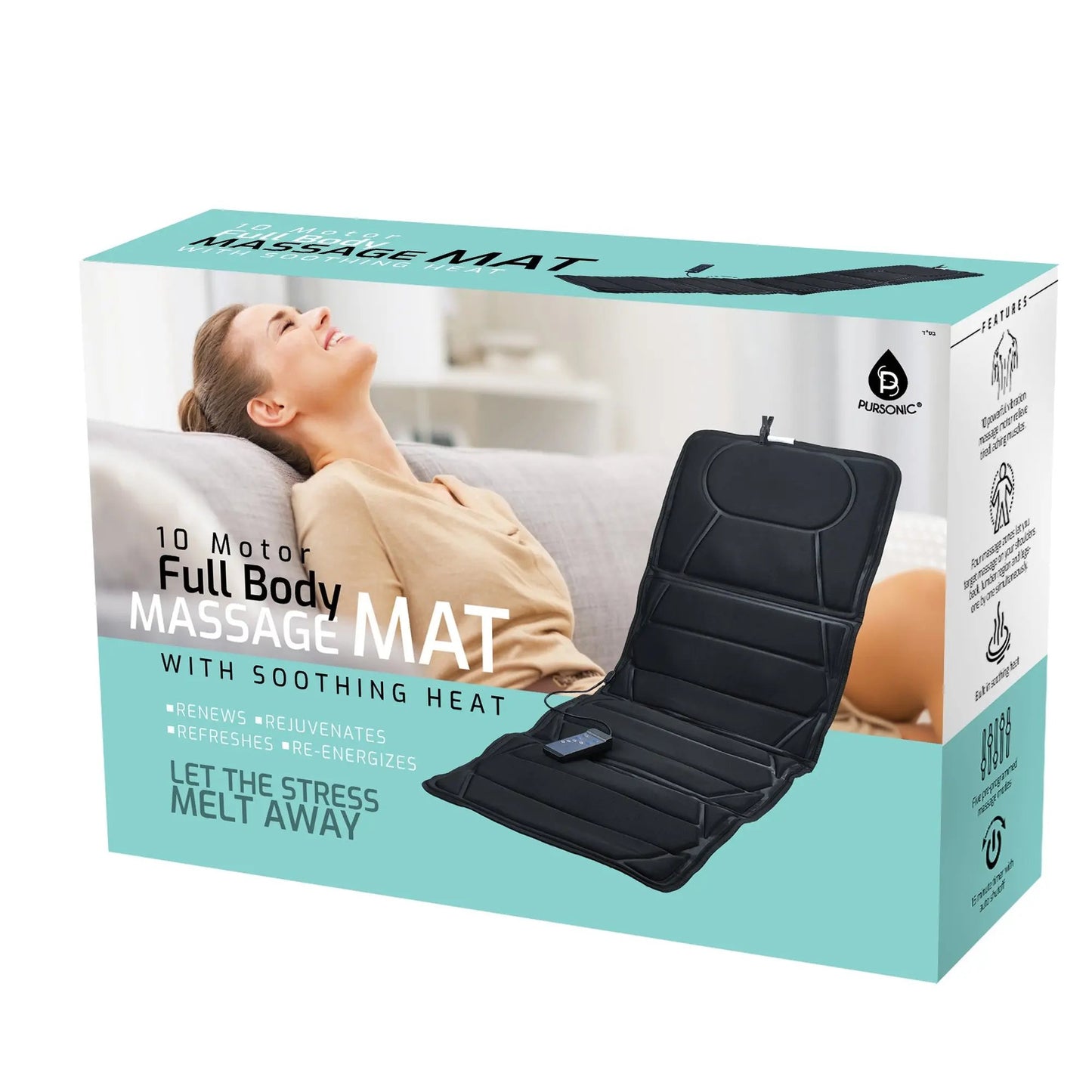 Luxury Massage Mat with Soothing Heat - 10 Powerful Motors Vibrating Massage Mattress Pad with Dual Heating Pads for Ultimate Back Relief, Full Body Massager for Neck, Back, Lumbar, and Calf Muscle Relaxation DC-PURSONIC
