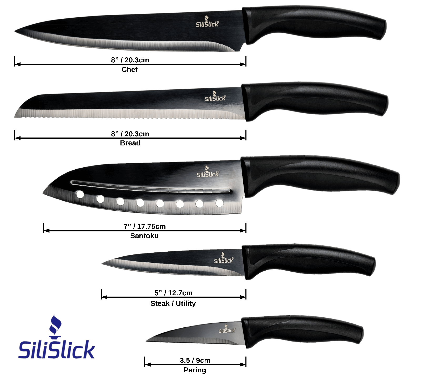 Kitchen Knife Set Kit | Black Magnetic Rack & Sharpener DC-SiliSlick®