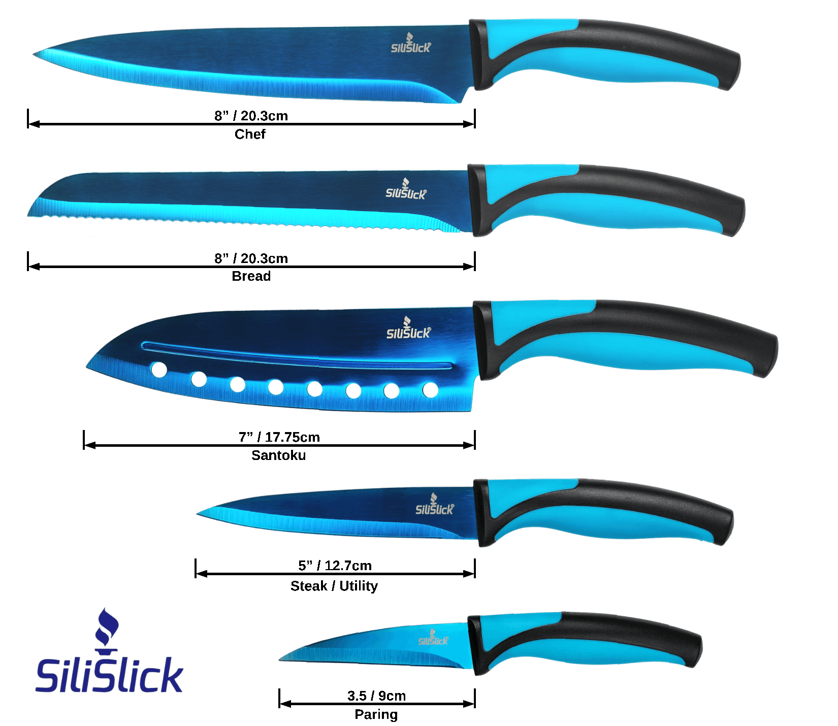 Kitchen Knife Set Kit & Black Magnetic Rack & sharpener DC-SiliSlick®