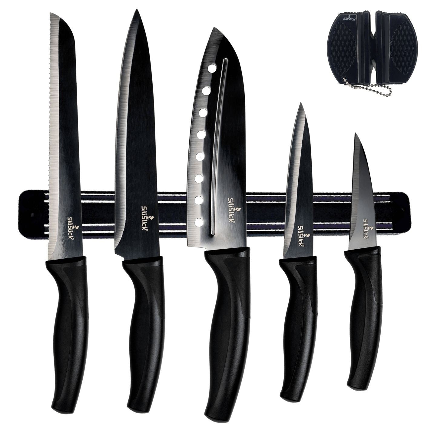 Kitchen Knife Set Kit | Black Magnetic Rack & Sharpener DC-SiliSlick®
