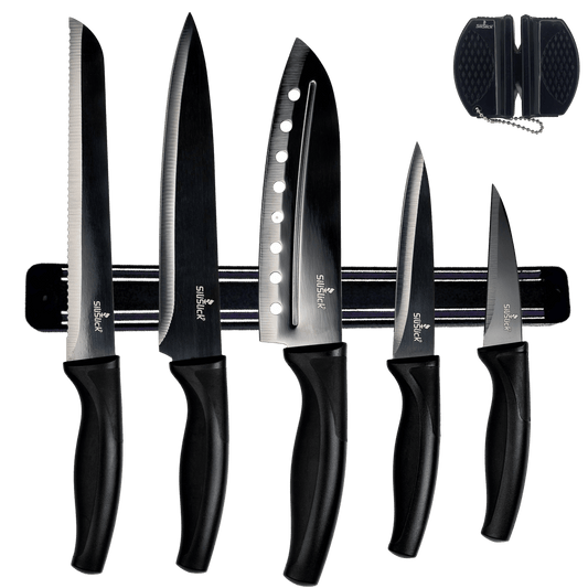 Kitchen Knife Set Kit | Black Magnetic Rack & Sharpener DC-SiliSlick®
