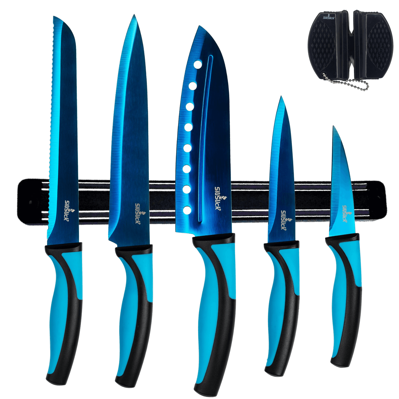 Kitchen Knife Set Kit & Black Magnetic Rack & sharpener DC-SiliSlick®