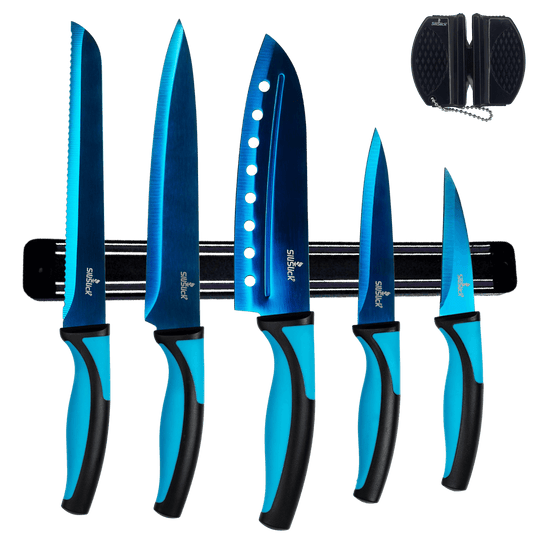 Kitchen Knife Set Kit & Black Magnetic Rack & sharpener DC-SiliSlick®