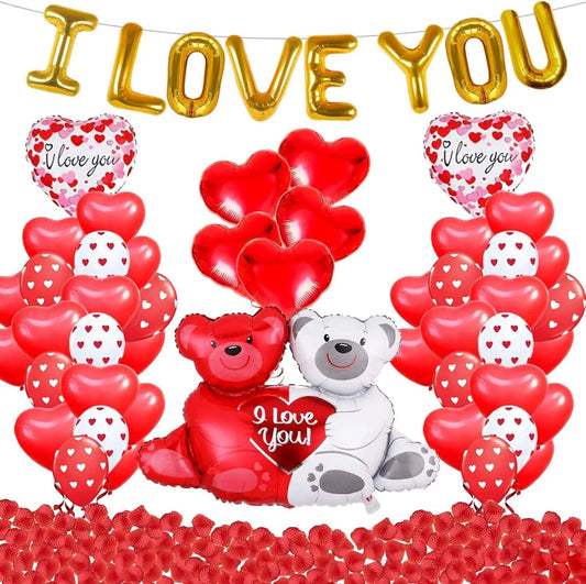 I Love You Balloons with Couple Teddy Balloon Kit,  Heart Balloons Kit with 1000 Red Rose Petals Wedding Flower Decoration, Valentine Decorations Party Supplies Kit Cool Brand Designs