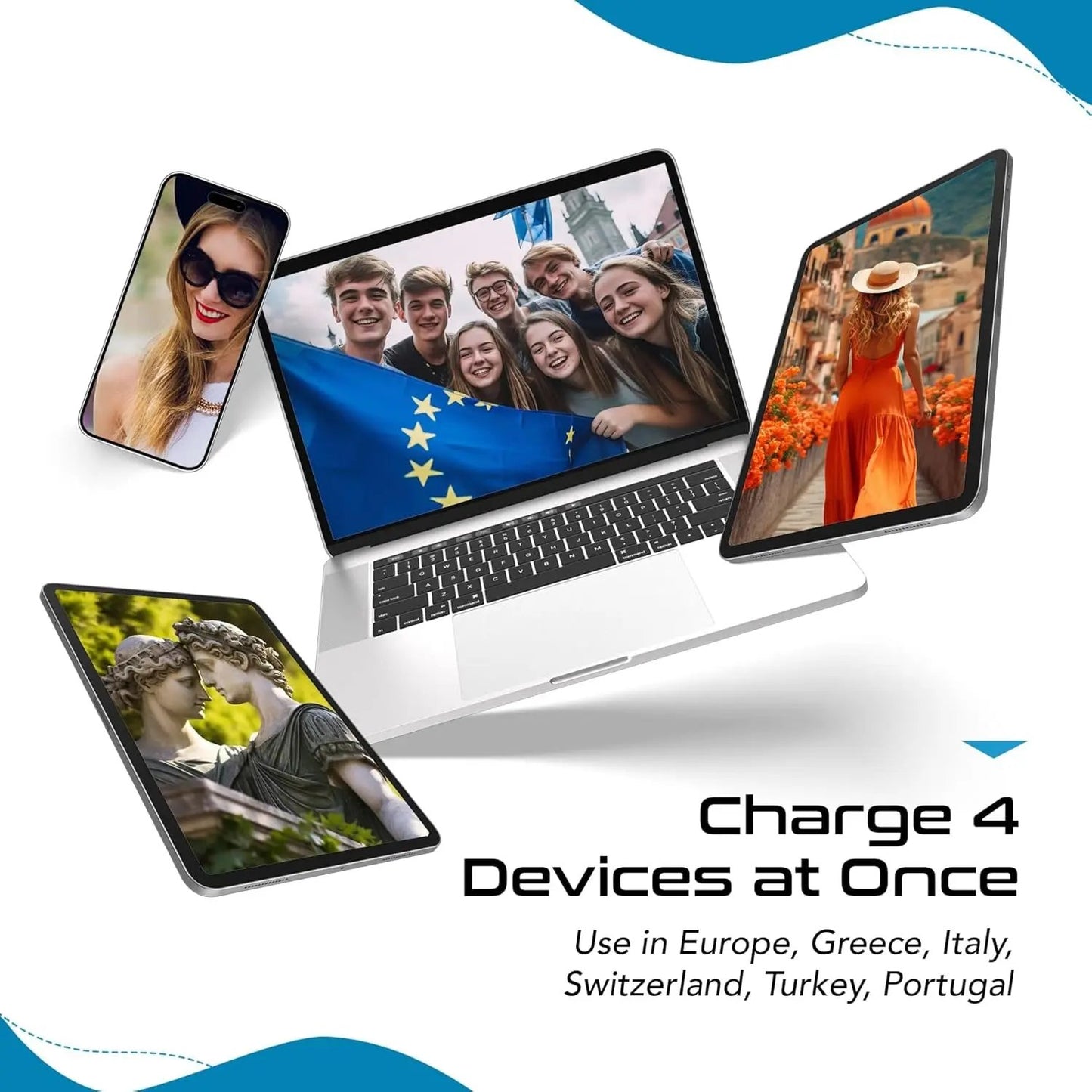 Europe Plug Adapter, 20W PD & QC, Safe Dual USB & USB-C 3.1A - 2 USA Outlet - Compact & Powerful - Use Euro, Greece, Italy, Switzerland, Turkey, Portugal - Includes Type C Swadapt Attachment Cool Brand Designs