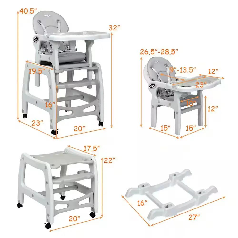 3 in 1 Grey Plastic Baby High Chair W/Adjustable Seat Back and Removable Trays Cool Brand Designs