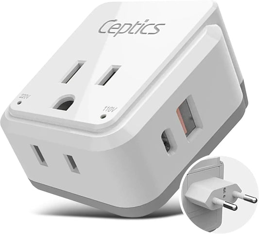 Europe Plug Adapter, 20W PD & QC, Safe Dual USB & USB-C 3.1A - 2 USA Outlet - Compact & Powerful - Use Euro, Greece, Italy, Switzerland, Turkey, Portugal - Includes Type C Swadapt Attachment Cool Brand Designs
