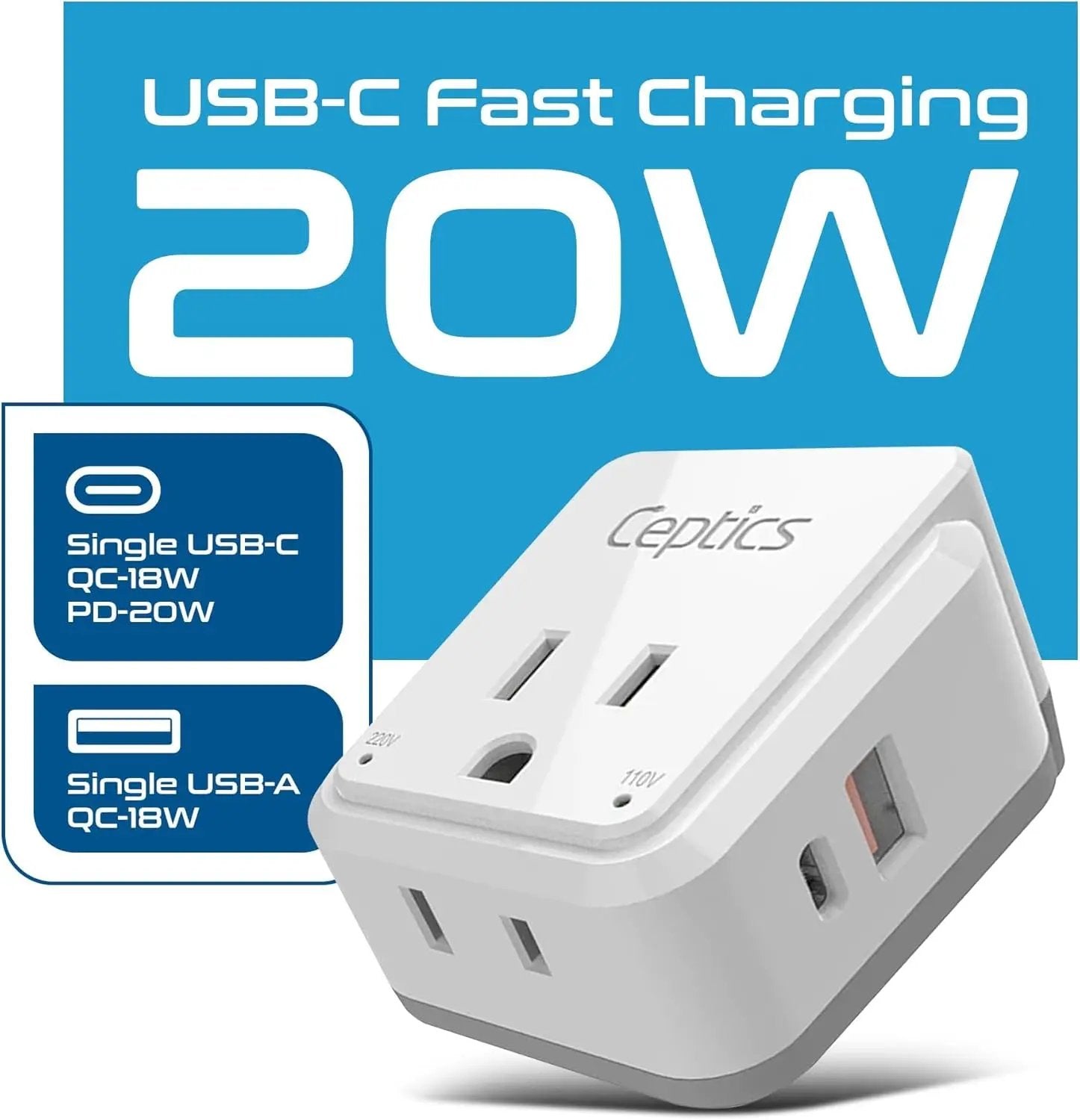 Europe Plug Adapter, 20W PD & QC, Safe Dual USB & USB-C 3.1A - 2 USA Outlet - Compact & Powerful - Use Euro, Greece, Italy, Switzerland, Turkey, Portugal - Includes Type C Swadapt Attachment Cool Brand Designs