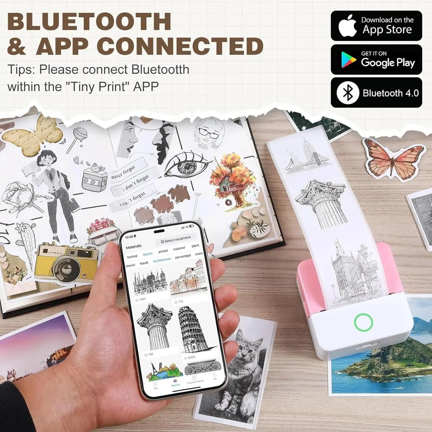 SLOK Thermal Mini Printer, Portable Inkless Bluetooth Sticker Maker with 10 Rolls Paper, Pink Cool Brand Designs