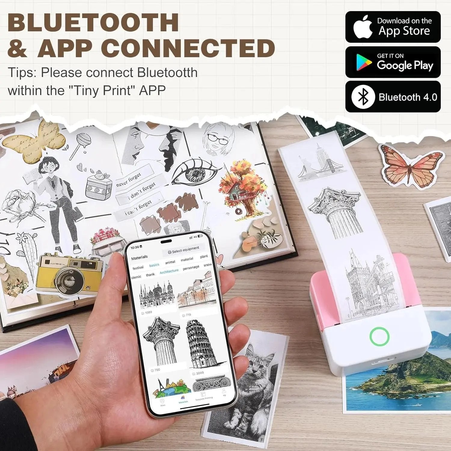 SLOK Thermal Mini Printer, Portable Inkless Bluetooth Sticker Maker with 10 Rolls Paper, Pink Cool Brand Designs