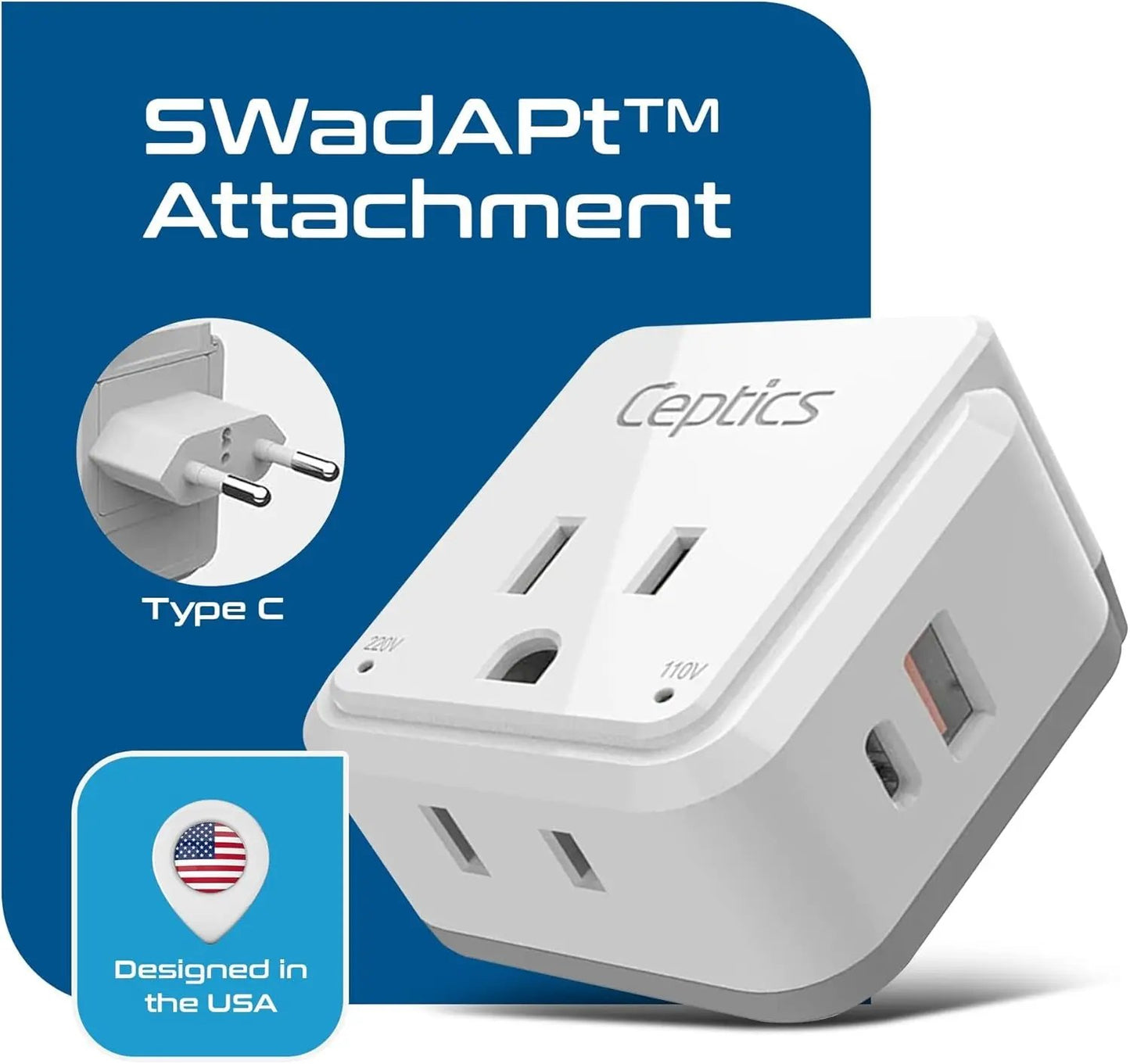 Europe Plug Adapter, 20W PD & QC, Safe Dual USB & USB-C 3.1A - 2 USA Outlet - Compact & Powerful - Use Euro, Greece, Italy, Switzerland, Turkey, Portugal - Includes Type C Swadapt Attachment Cool Brand Designs