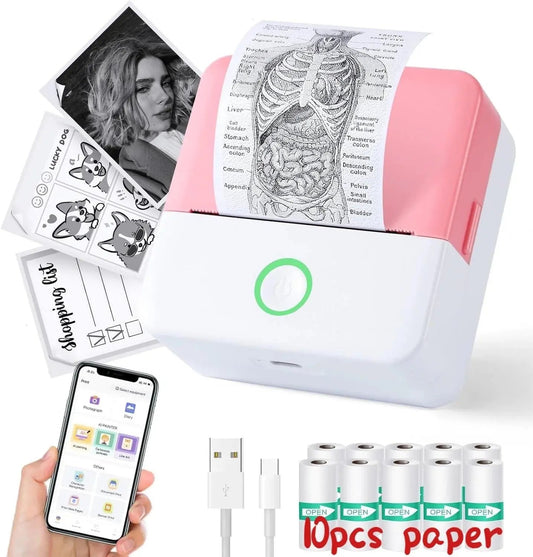 SLOK Thermal Mini Printer, Portable Inkless Bluetooth Sticker Maker with 10 Rolls Paper, Pink Cool Brand Designs