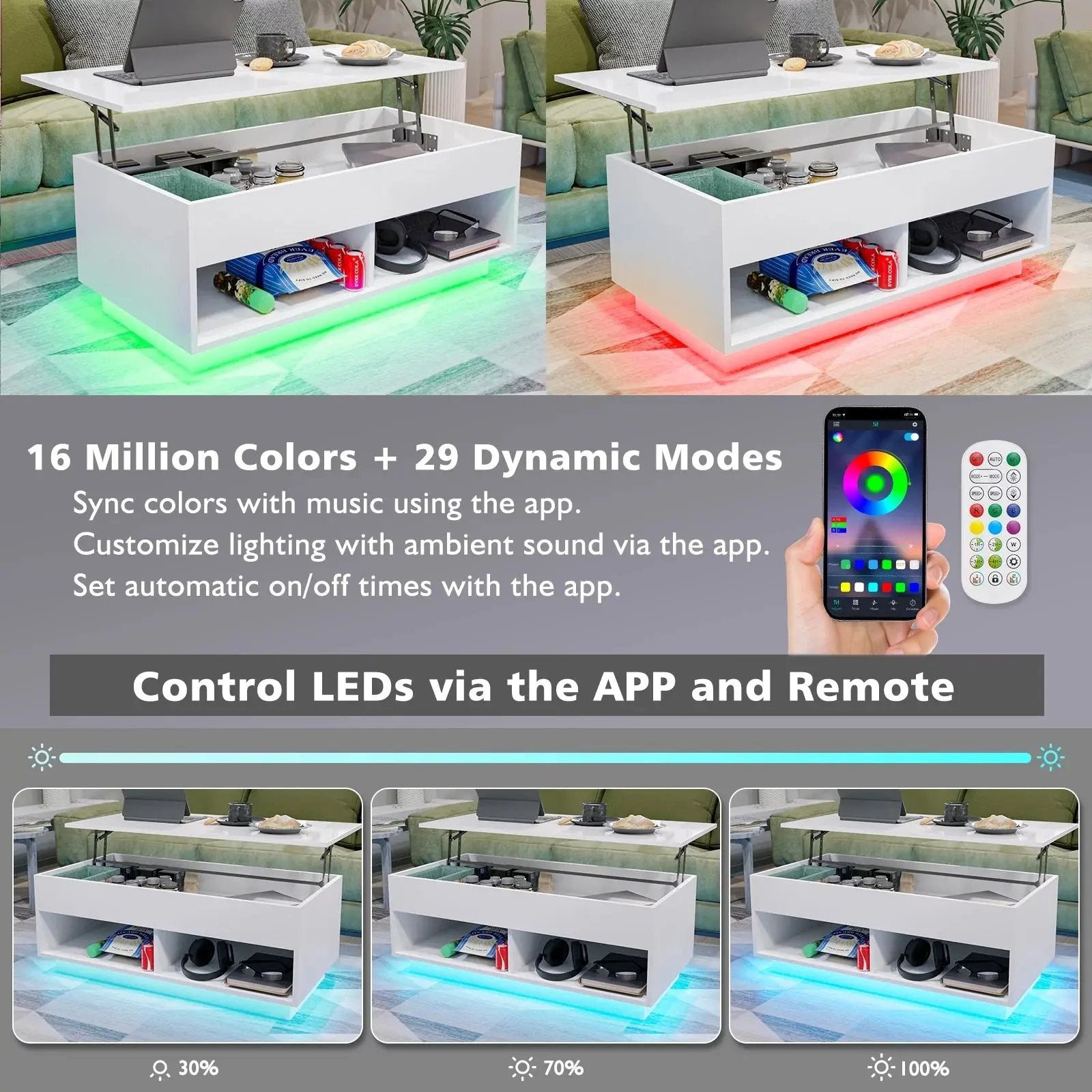 LED Lift Top Coffee Table with Hidden Compartment High Gloss White Coffee Tables Center Rising Cocktail Table for Living Room Accent Furniture Cool Brand Designs