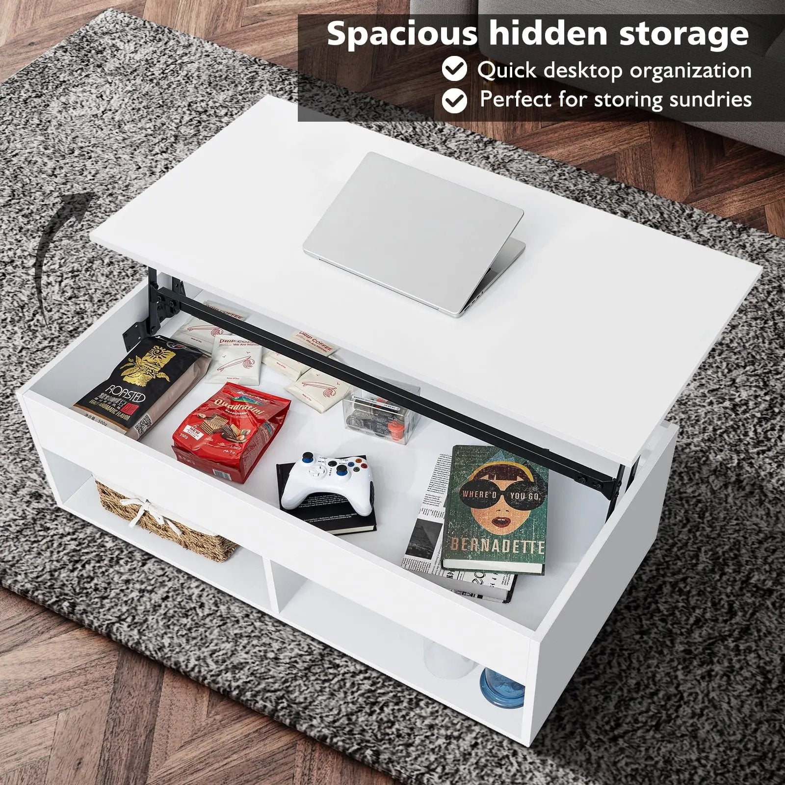 LED Lift Top Coffee Table with Hidden Compartment High Gloss White Coffee Tables Center Rising Cocktail Table for Living Room Accent Furniture Cool Brand Designs