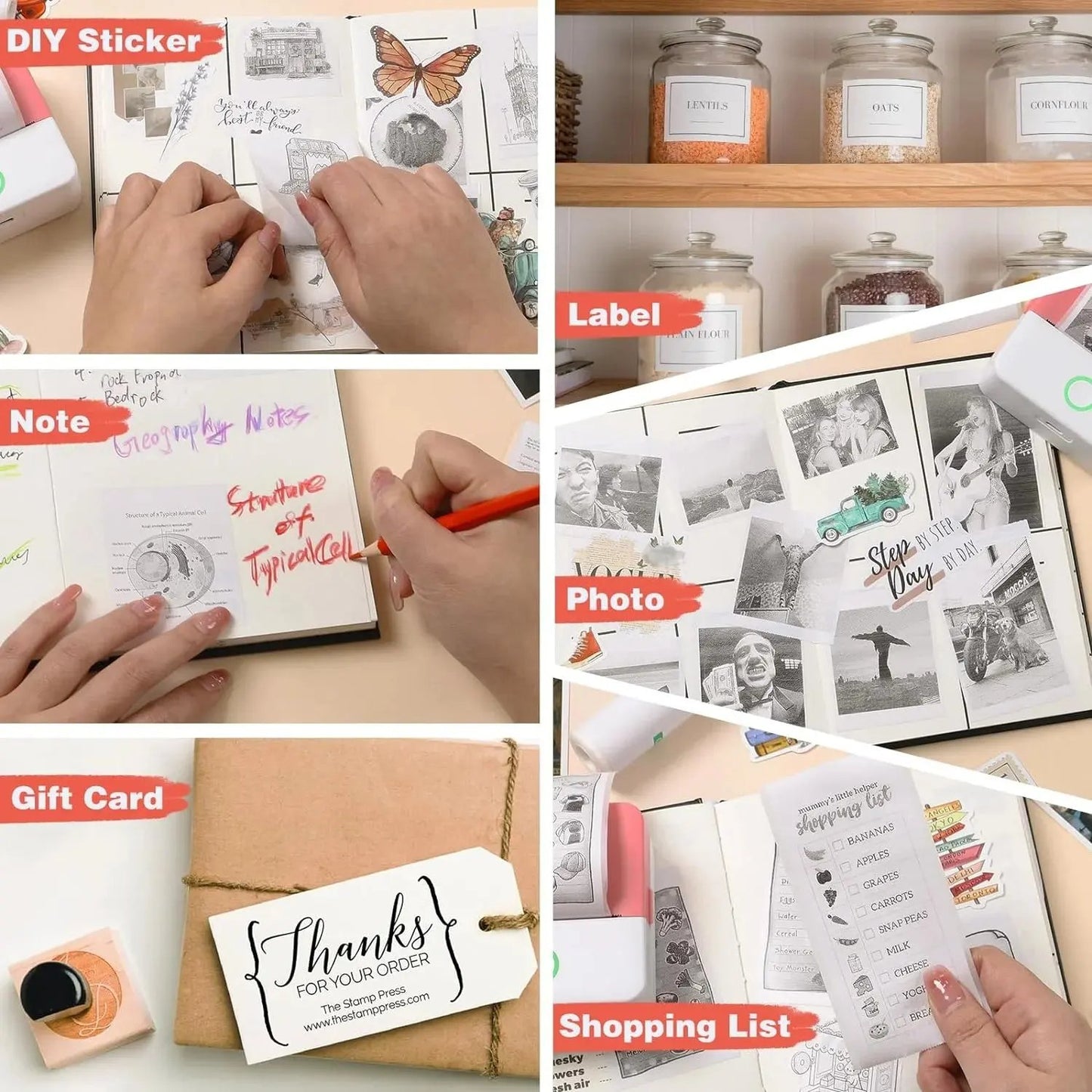 SLOK Thermal Mini Printer, Portable Inkless Bluetooth Sticker Maker with 10 Rolls Paper, Pink Cool Brand Designs