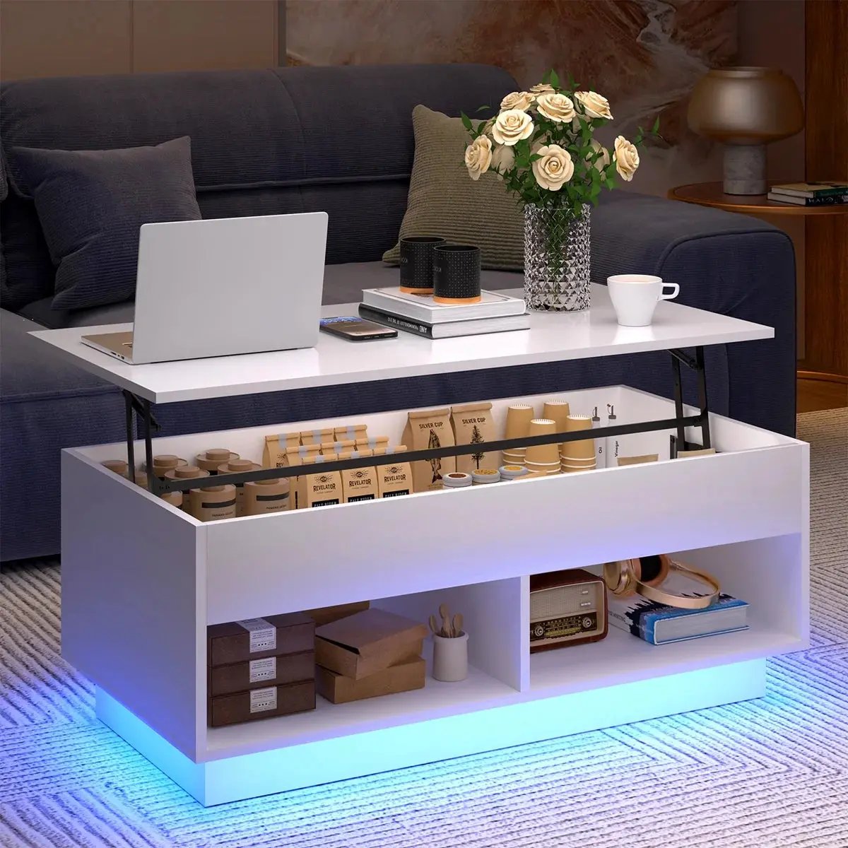LED Lift Top Coffee Table with Hidden Compartment High Gloss White Coffee Tables Center Rising Cocktail Table for Living Room Accent Furniture Cool Brand Designs