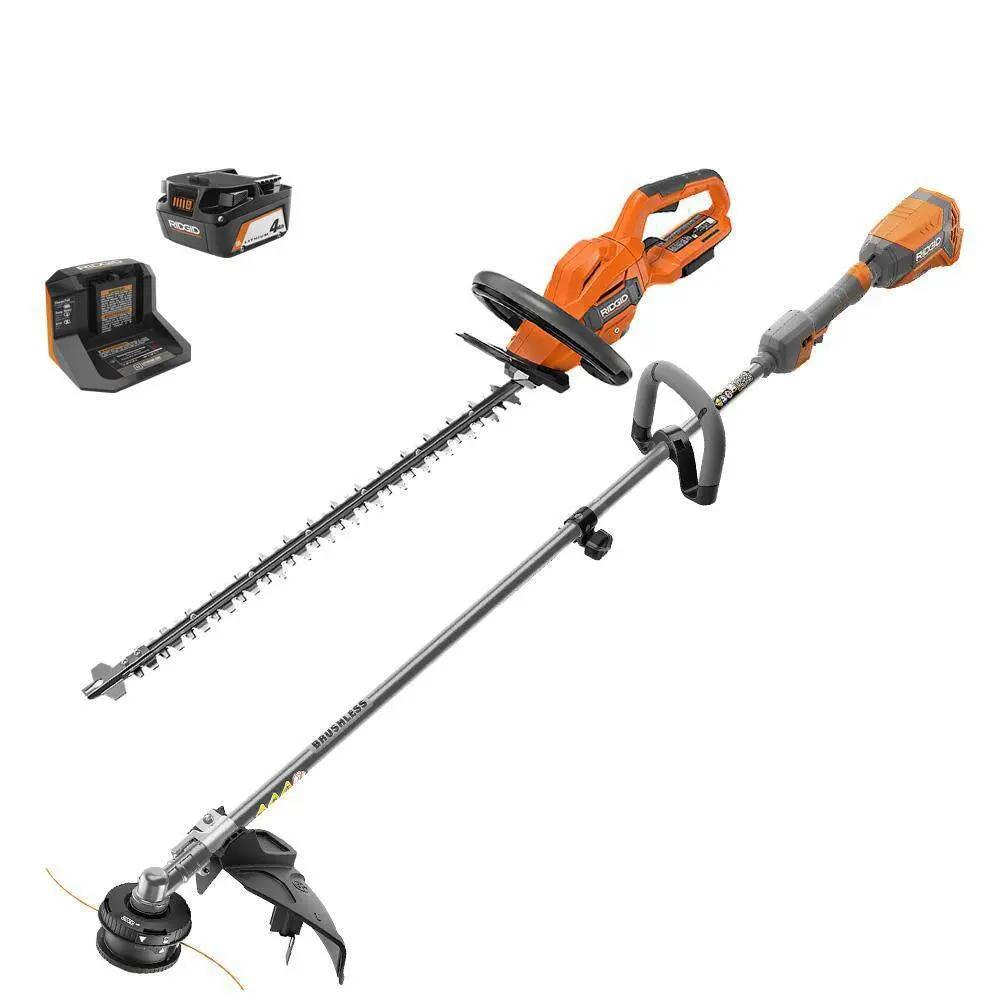 18V Brushless 14 In. Cordless String Trimmer and Brushless Cordless Hedge Trimmer with 4.0 Ah Battery and Charger Cool Brand Designs