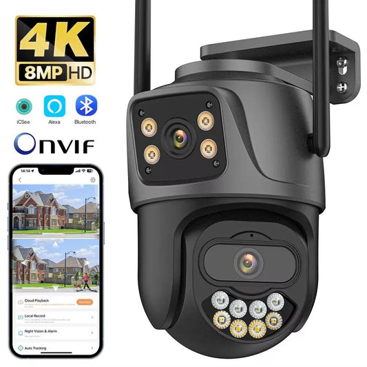 External Wifi PTZ Camera Dual Lens 4K 8MP HD Outdoor IP Camera 4MP Auto Tracking Security Protection CCTV Surveillance Icsee P2P Cool Brand Designs